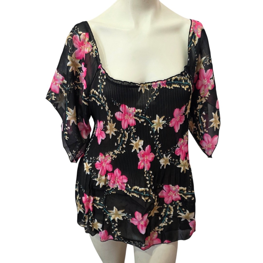 Angela USA Womens Floral Blouse Black Pink Pleated Chiffon Flutter Sleeve Y2K